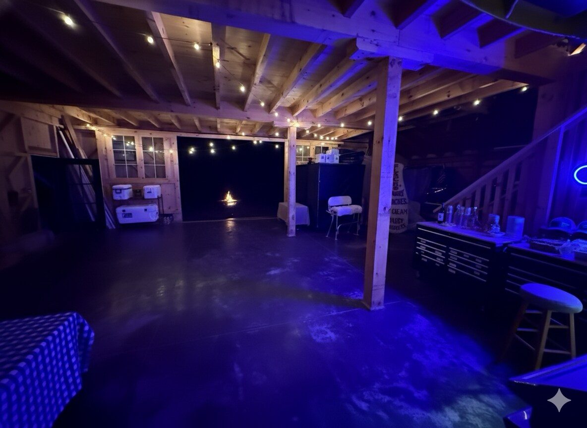Barn interior glowing with string lights for an evening event